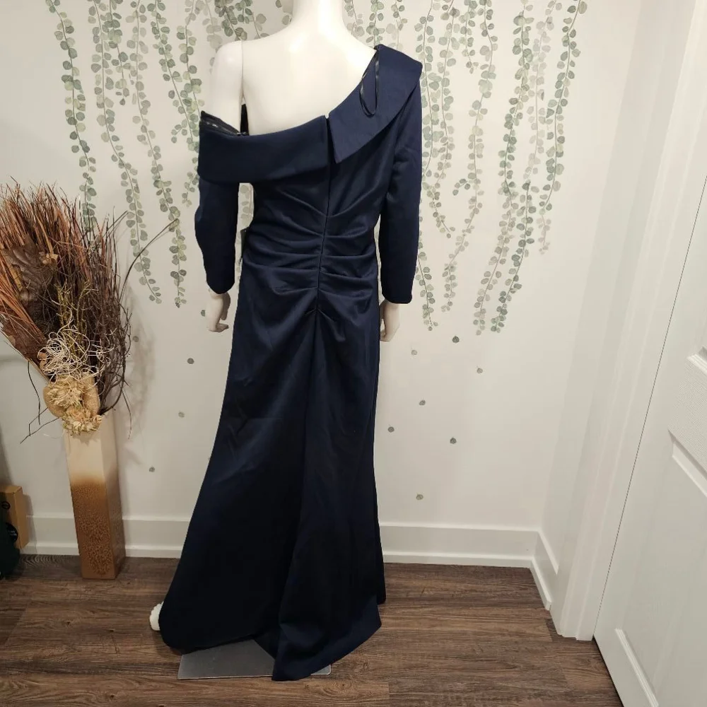 XCAPE Stretch Scuba Crepe Off-the-Shoulder Long Sleeve Mermaid Gown Navy, 16 - Picture 7 of 12